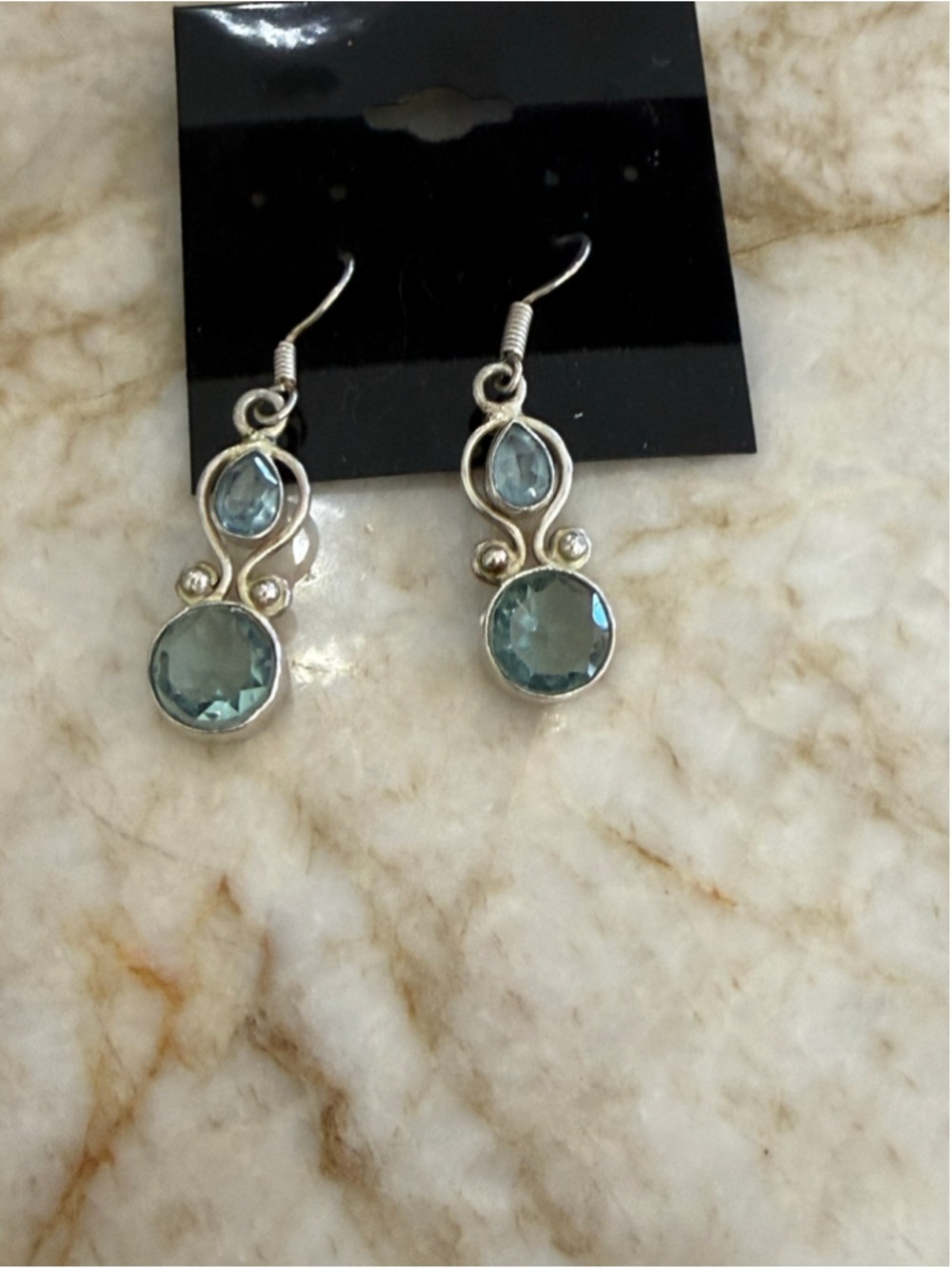 STERLING ARTISAN HANDMADE Blue TOPAZ and Silver Drop Earrings double faceted